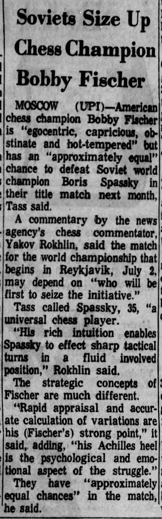 Soviets Size Up Chess Champion Bobby Fischer