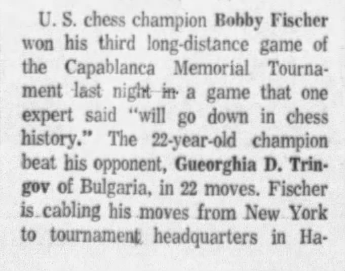 Bobby Fischer Wins Third Long-Distance Game