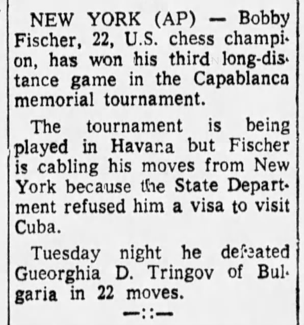 Bobby Fischer Won Third Long-Distance Game