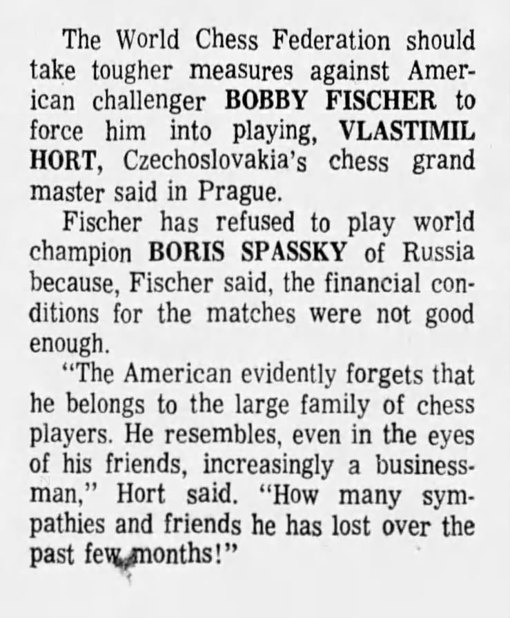 RUMOR MILL: Vlastimil Hort "Force Bobby Fischer to Play" Tho Week Earlier Fischer Confirmed He Would