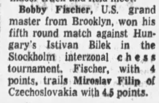 Bobby Fischer Wins Fifth Round Against Istivan Bilek