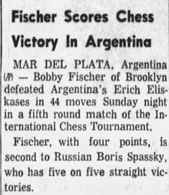 Fischer Scores Chess Victory in Argentina