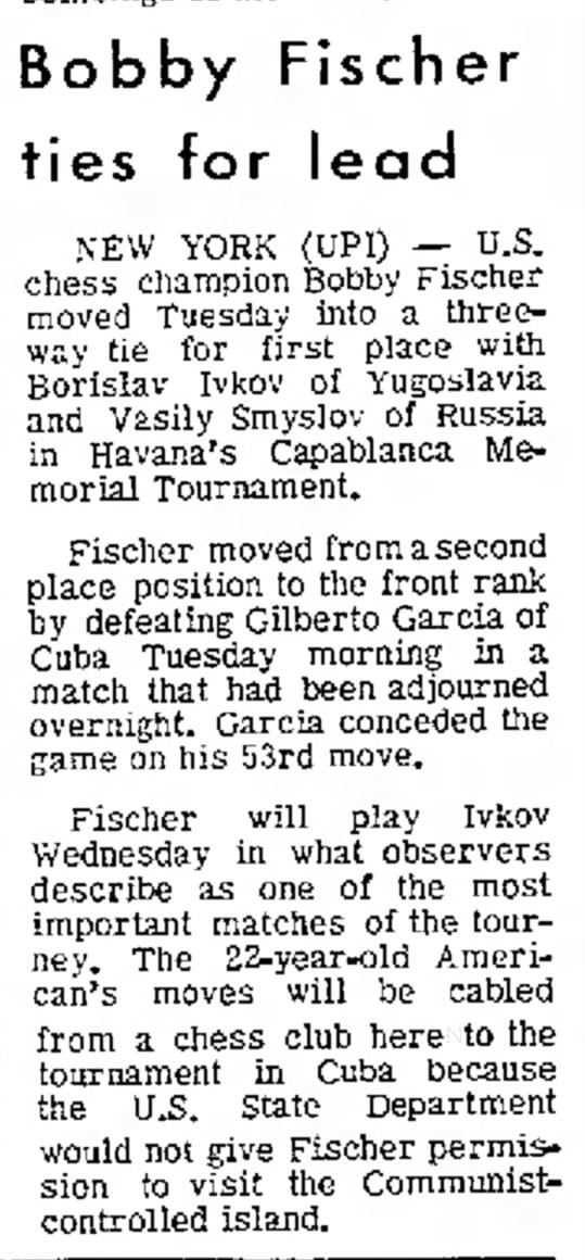 Bobby Fischer Ties For Lead