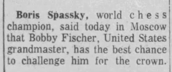 Boris Spassky, Fischer Has Best Chance to Challenge for Crown