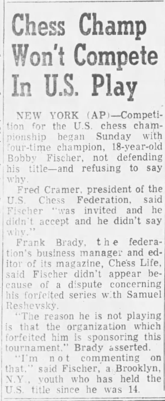 Chess Champ Won't Compete In U.S. Play