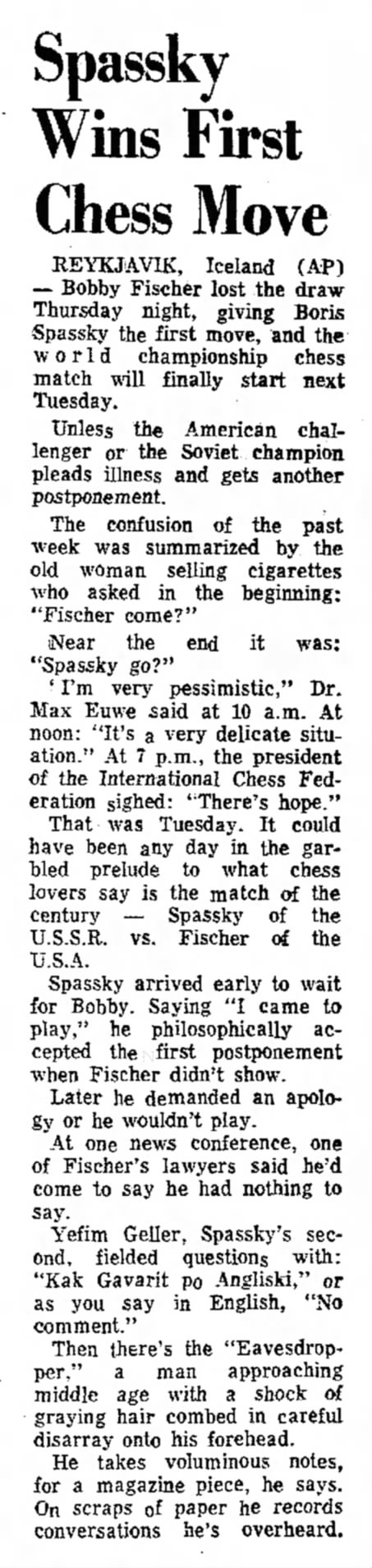 Spassky Wins First Chess Move