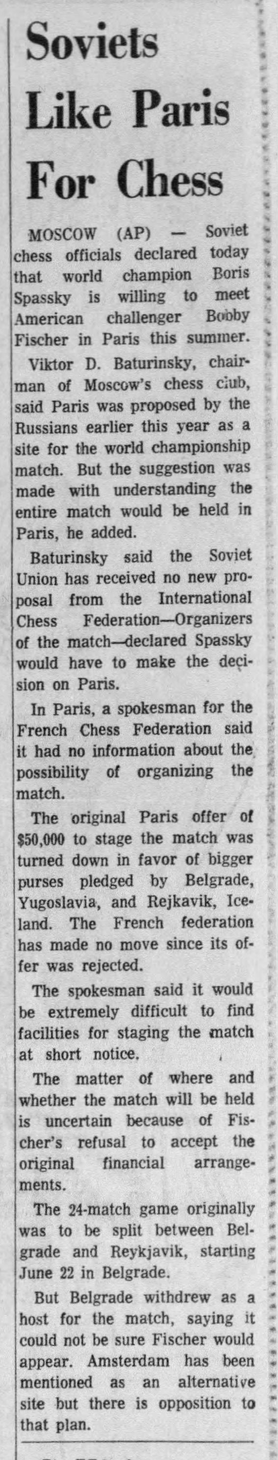 Soviets Like Paris For Chess