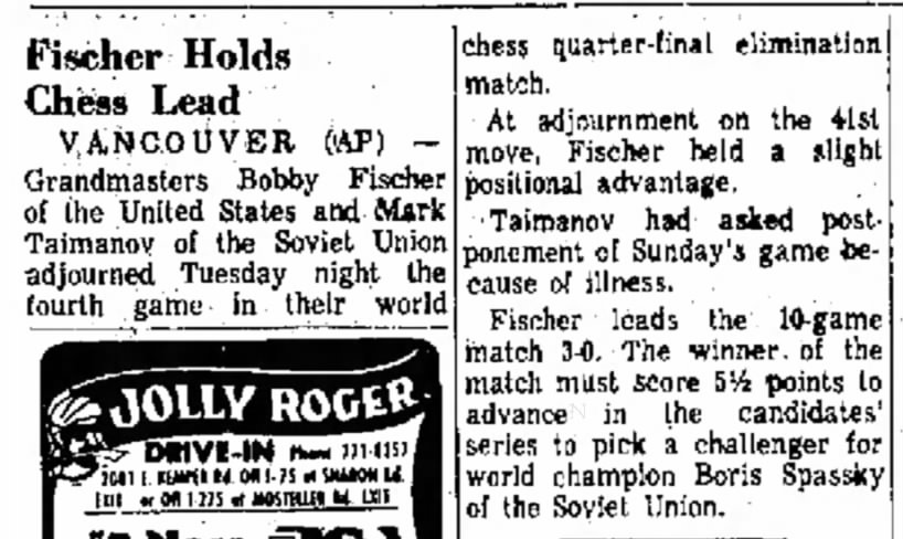 Fischer Holds Chess Lead