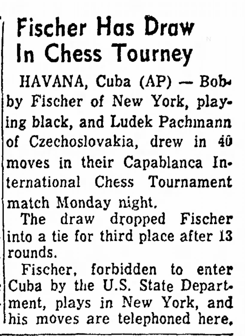 Fischer Has Draw In Chess Tourney
