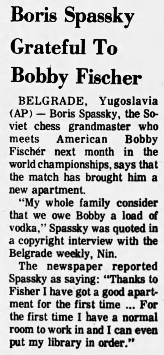 Boris Spassky Grateful To Bobby Fischer
