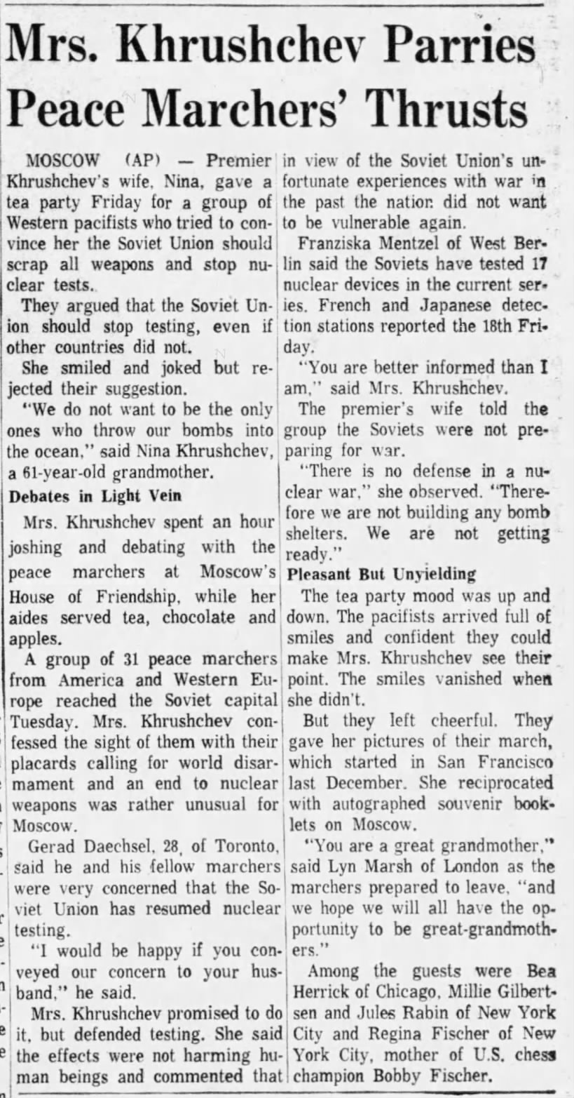 Mrs. Khrushchev Parries Peace Marchers' Thrusts