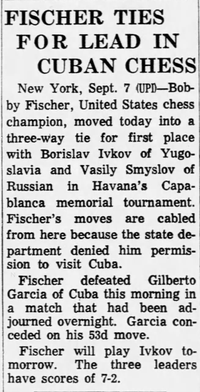 Fischer Ties For Lead In Cuban Chess