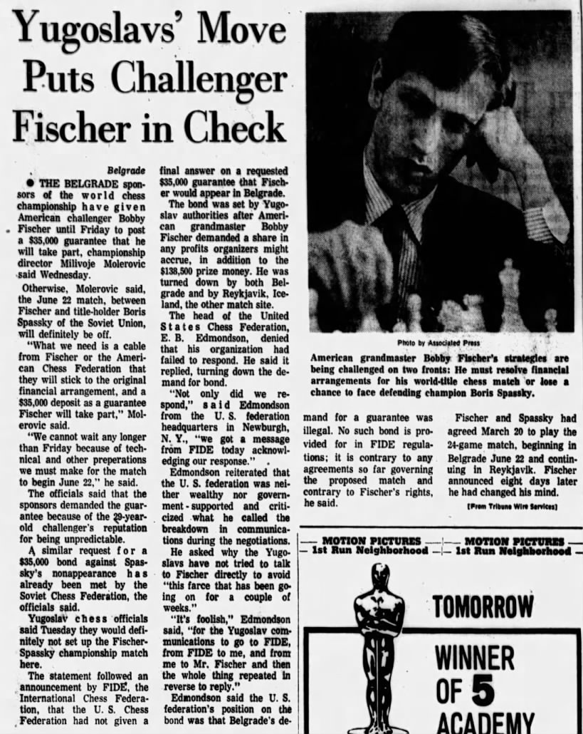 Yugoslavs' Move Puts Challenger Fischer in Check