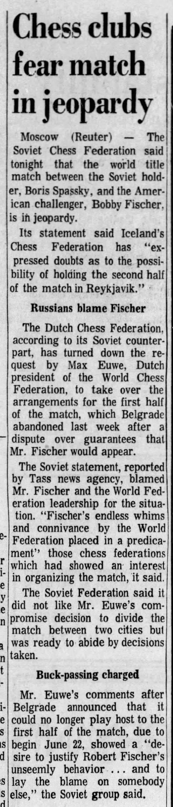 Chess Clubs Fear Match In Jeopardy