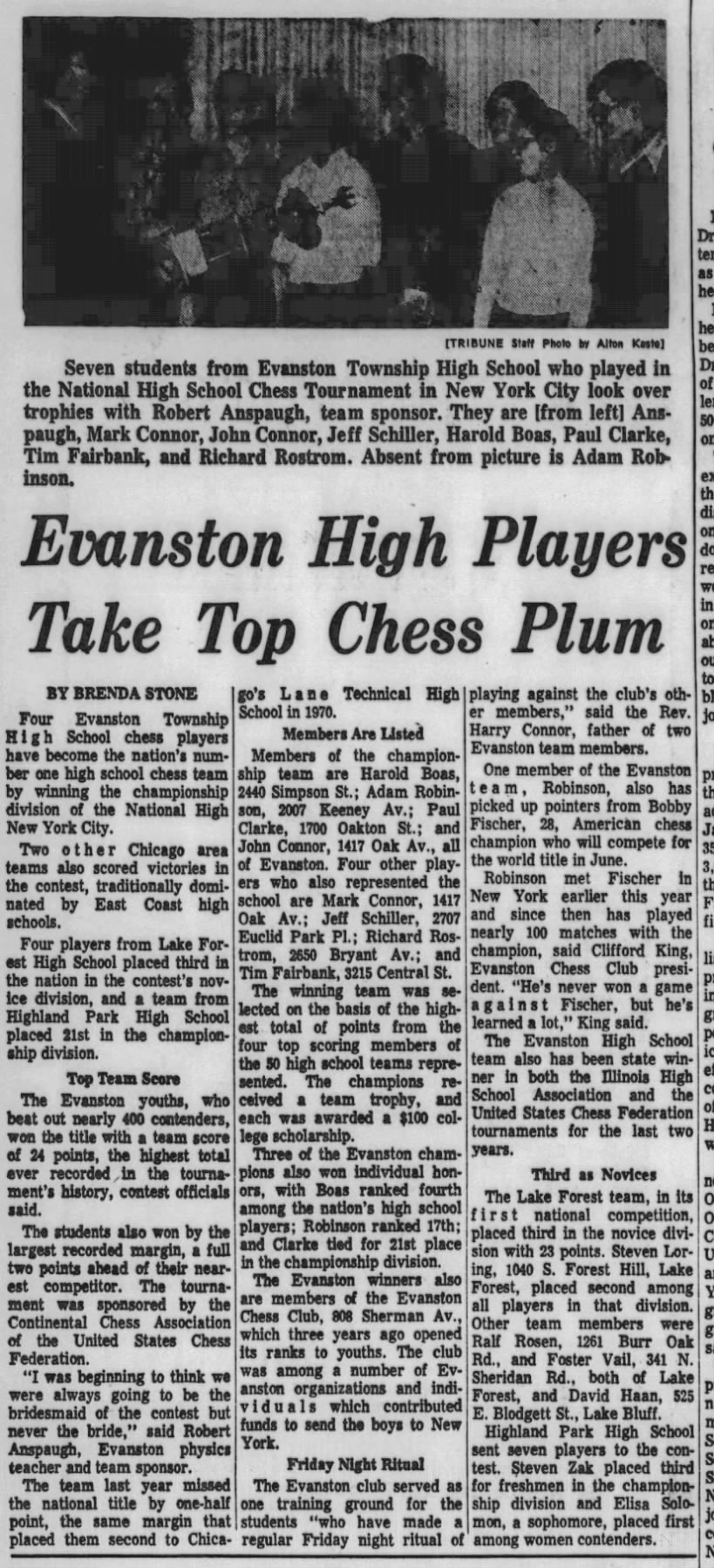 Evanston High Players Take Top Chess Plum