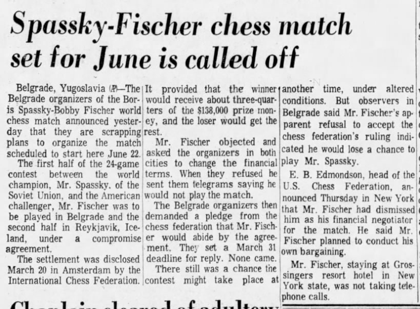 Spassky-Fischer Chess Match Set For June is Called Off