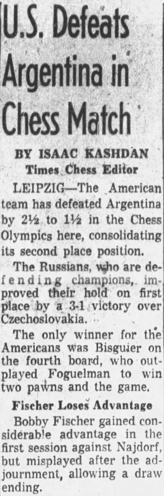 U.S. Defeats Argentina in Chess Match
