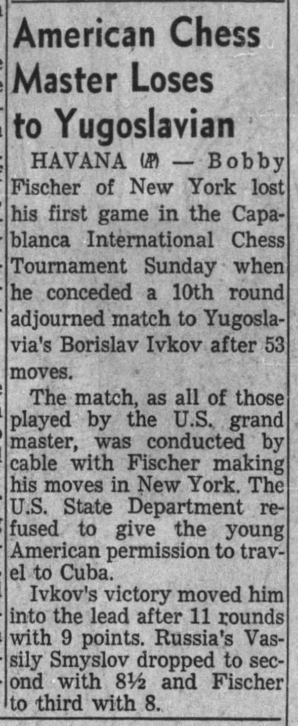 American Chess Master Loses to Yugoslavian