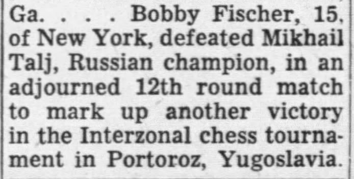 Bobby Fischer, 15, of New York, defeated...