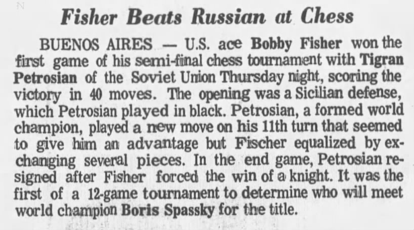 Fischer Beats Russian at Chess