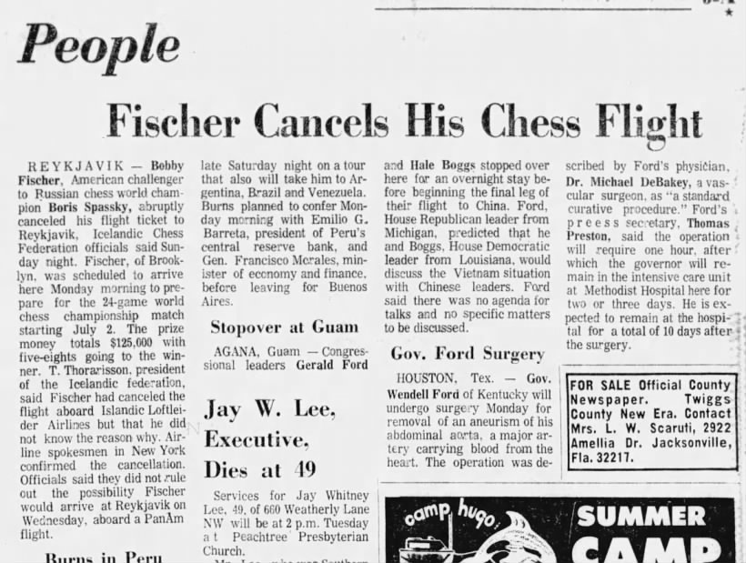 Fischer Cancels His Chess Flight