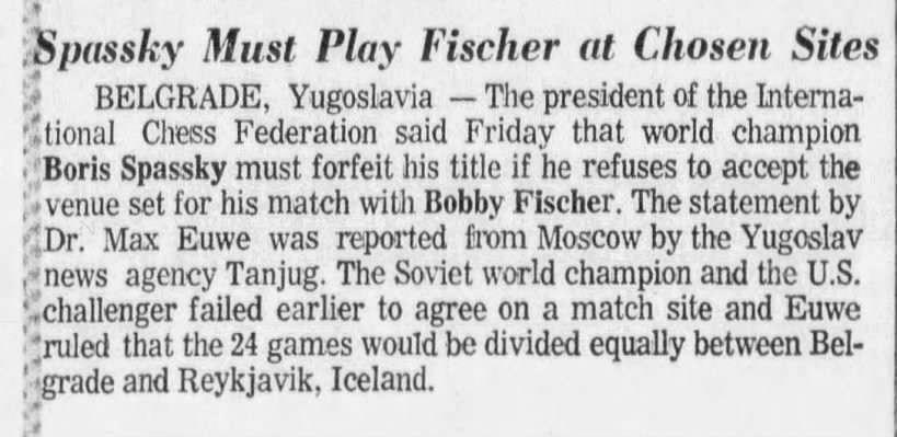 Spassky Must Play Fischer At Chosen Sites