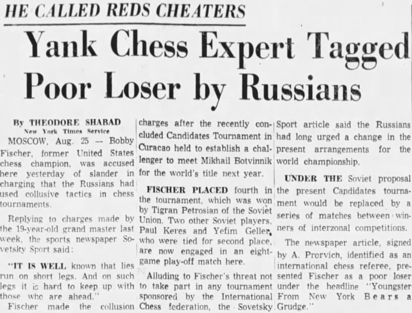 Yank Chess Expert Tagged Poor Loser by Russians