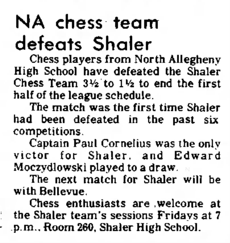 NA Chess Team Defeats Shaler