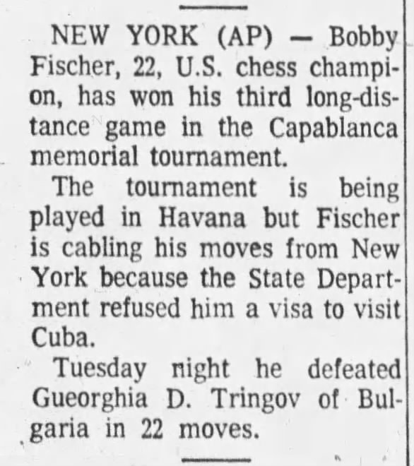 Bobby Fischer Wins Third Long Distance Game