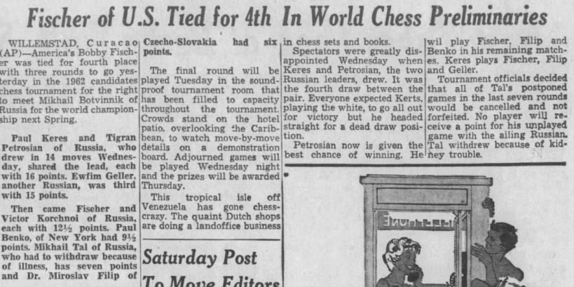 Fischer of U.S. Tied for 4th In World Chess Preliminaries