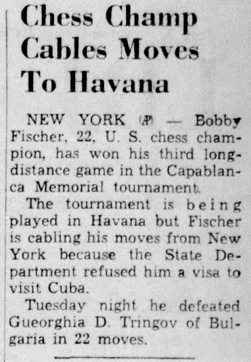 Chess Champ Cables Moves To Havana