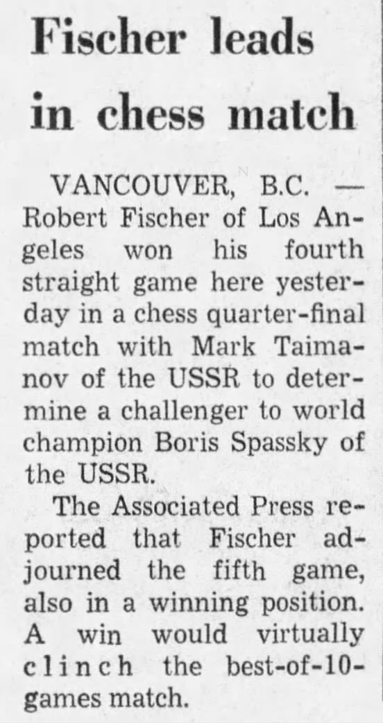 Fischer Leads In Chess Match