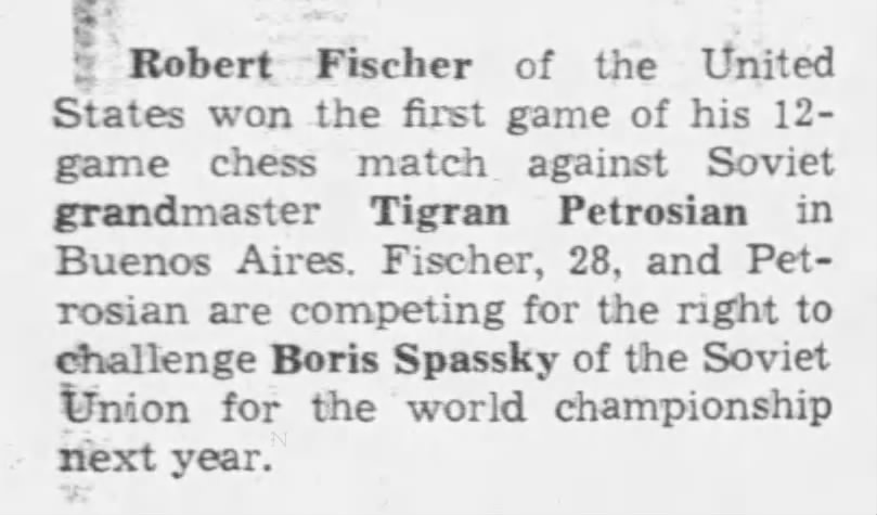 Robert Fischer, U.S. Wins First Game Against Tigran Petrosian