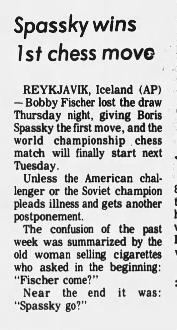 Spassky Wins 1st Chess Move