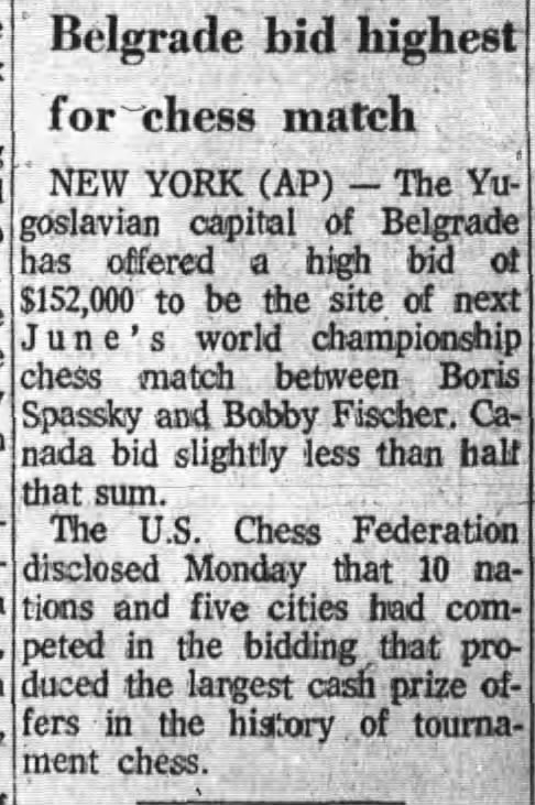 Belgrade Bid Highest For Chess Match