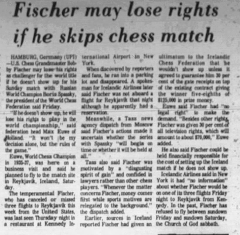 Fischer May Lose Rights If He Skips Chess Match
