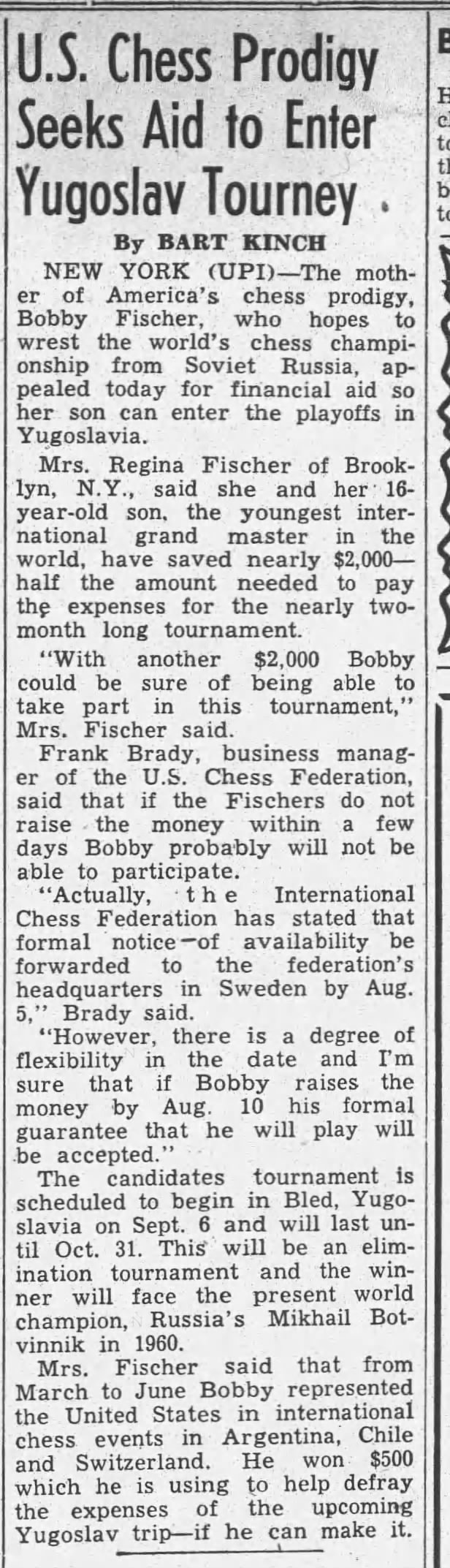 U.S. Chess Prodigy Seeks Aid to Enter Yugoslav Tourney