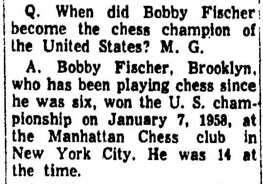 When did Bobby Fischer become the chess champion of the United States?
