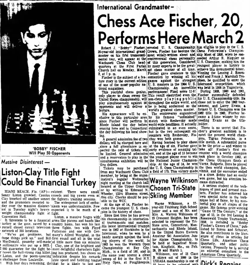 Chess Ace Fischer, 20, Performs Here March 2