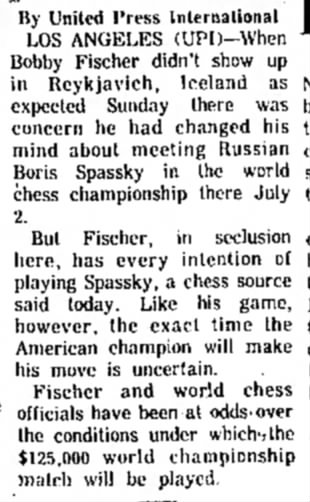 Fischer Intends to Play Spassky