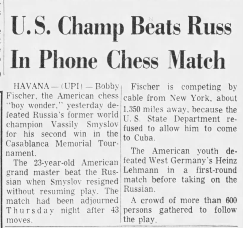 U.S. Champ Beats Russ In Phone Chess Match