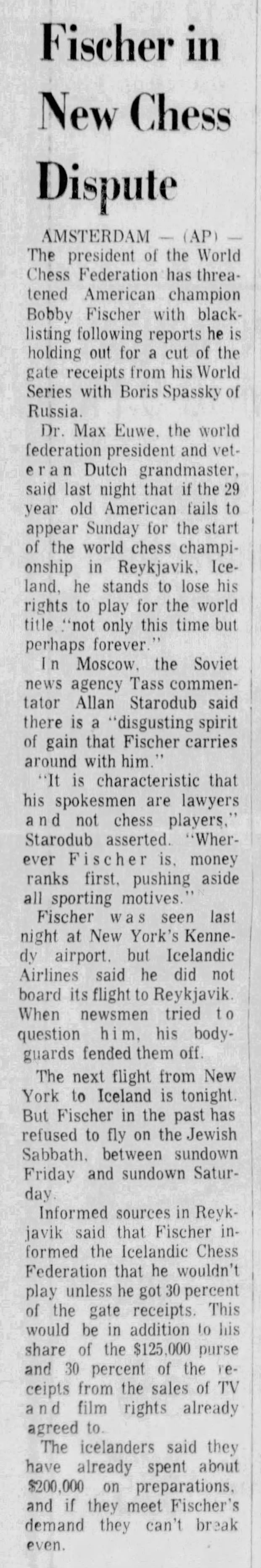 Fischer In New Chess Dispute