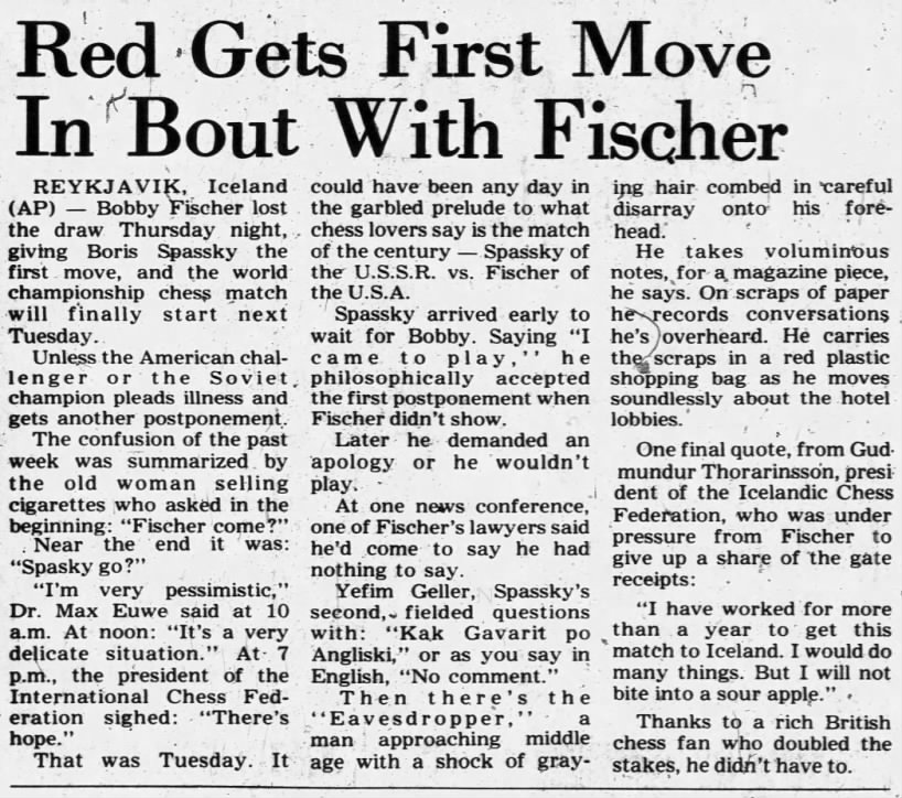 Red Gets First Move In Bout With Fischer