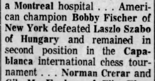 American Champion Bobby Fischer Defeated Laszlo Szabo