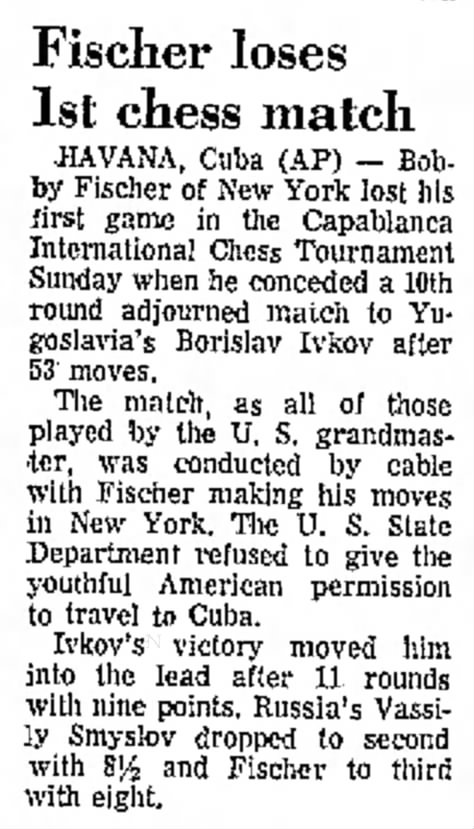 Fischer Loses 1st Chess Match