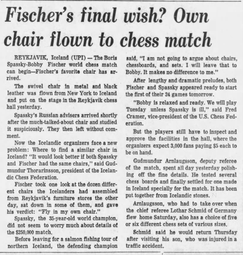 Fischer Final Wish? Own Chair Flown to Chess Match