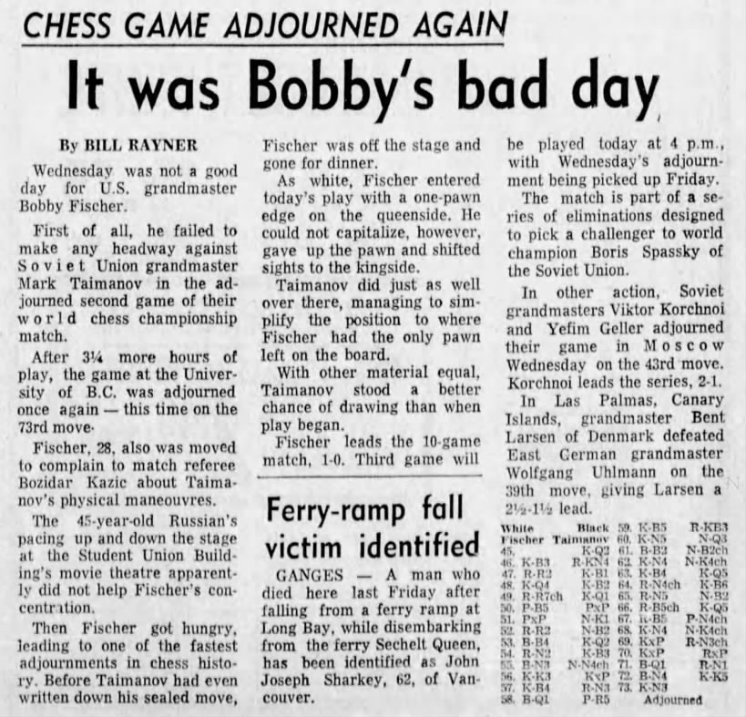 Chess Game Adjourned Again - It Was Bobby's Bad Day