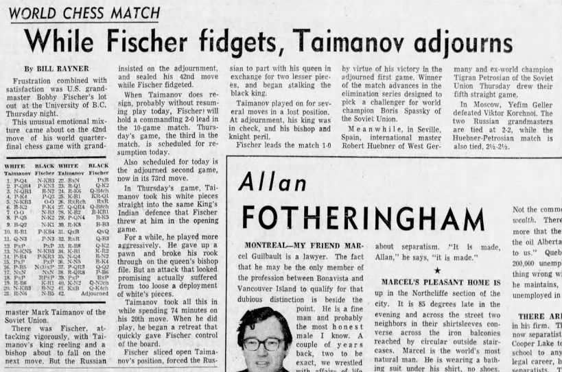 While Fischer Fidgets, Taimanov Adjourns