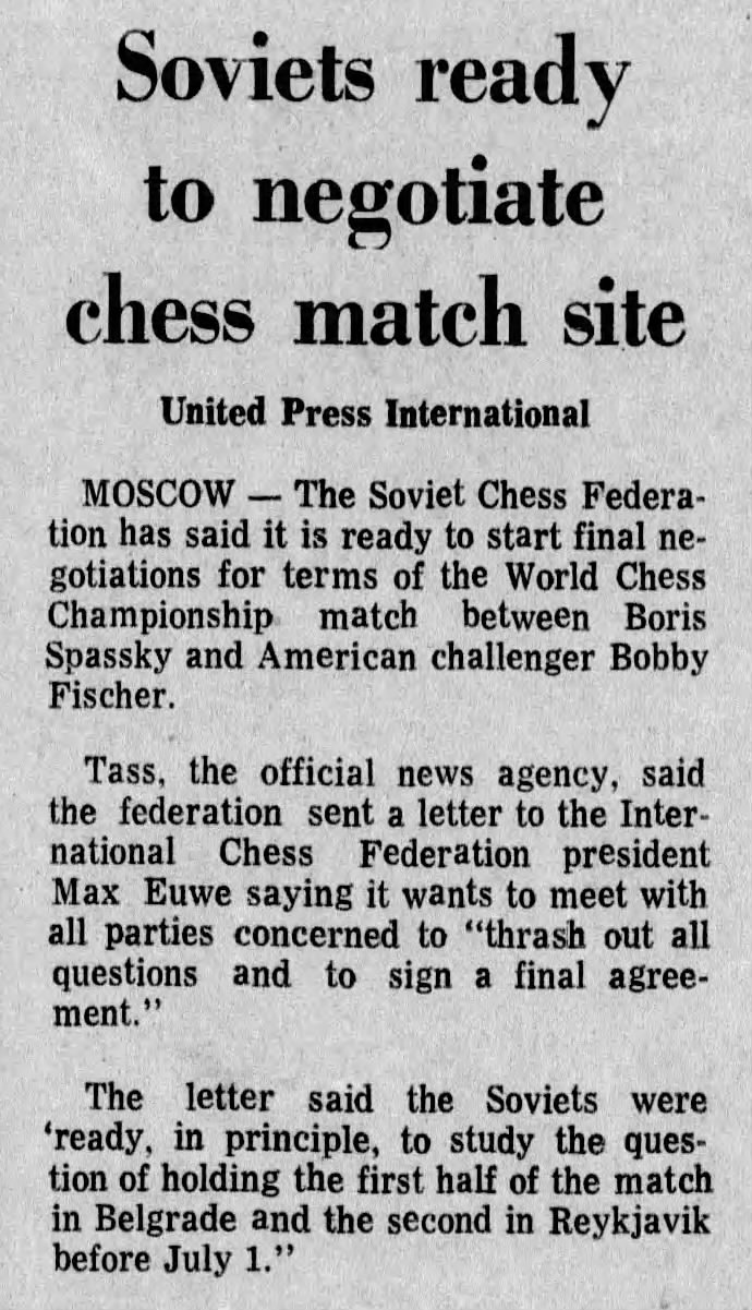 Soviets Ready to Negotiate Chess Match Site