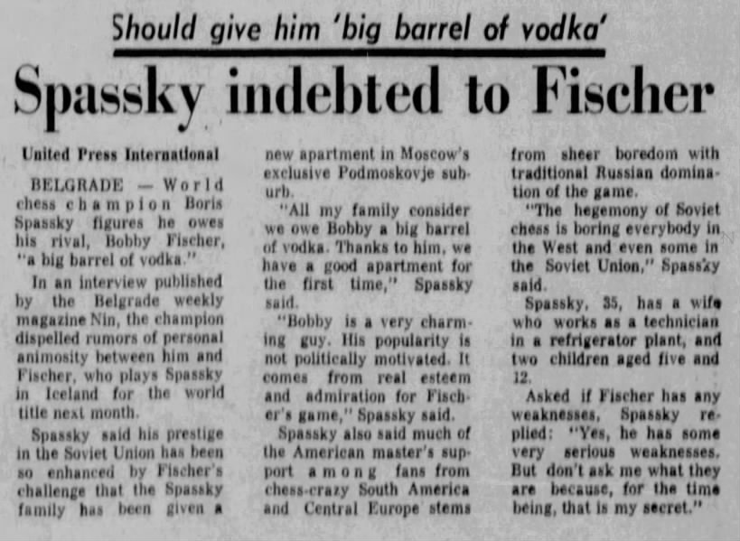 Spassky Indebted to Fischer